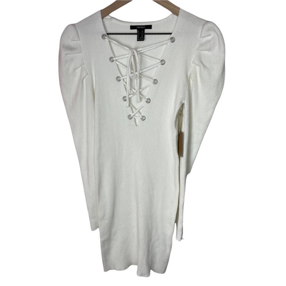 Forever21 White Ribbed V-Neck Lace Up Puff Shoulders Bodycon Mini Dress Sz M NEW - Picture 2 of 7
